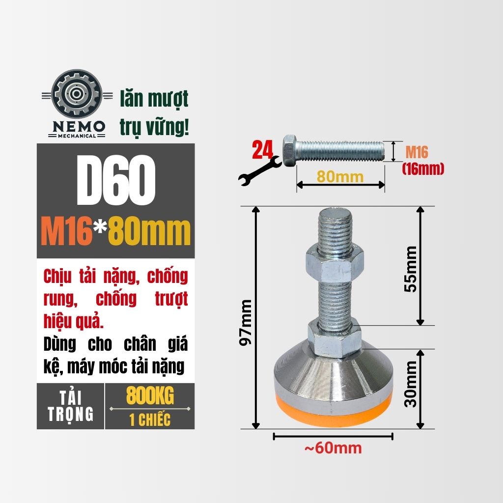 Chân Tăng Chỉnh Chịu Tải Siêu Nặng – Hệ Bulong M16/M20, Chịu Tải 3 Tấn (Bát Thép Mạ Crom)